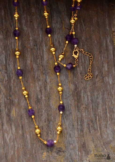 Boho Necklace, Amethysts Lariat Necklace